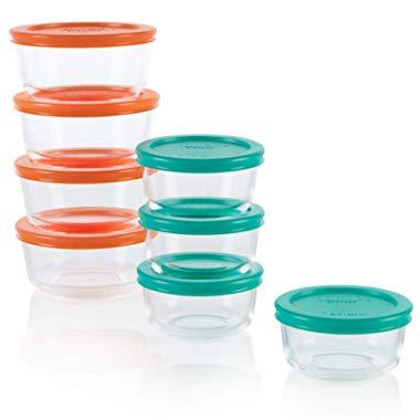 Pyrex Simply Store Glass Round Food Container Set with Multi-Colored Lids, 16 Piece (Pack of 1)