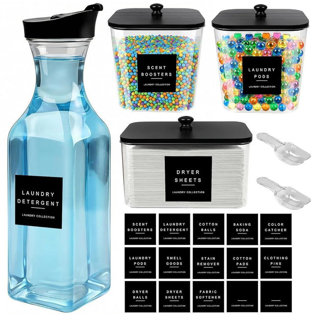 POLRAI Laundry Pod Containers and Dryer Sheet Holder and Laundry Detergent Dispenser Clear Laundry Room Organization and Storage with Wooden Lids Labels and spoon （2+1+1 Pack）