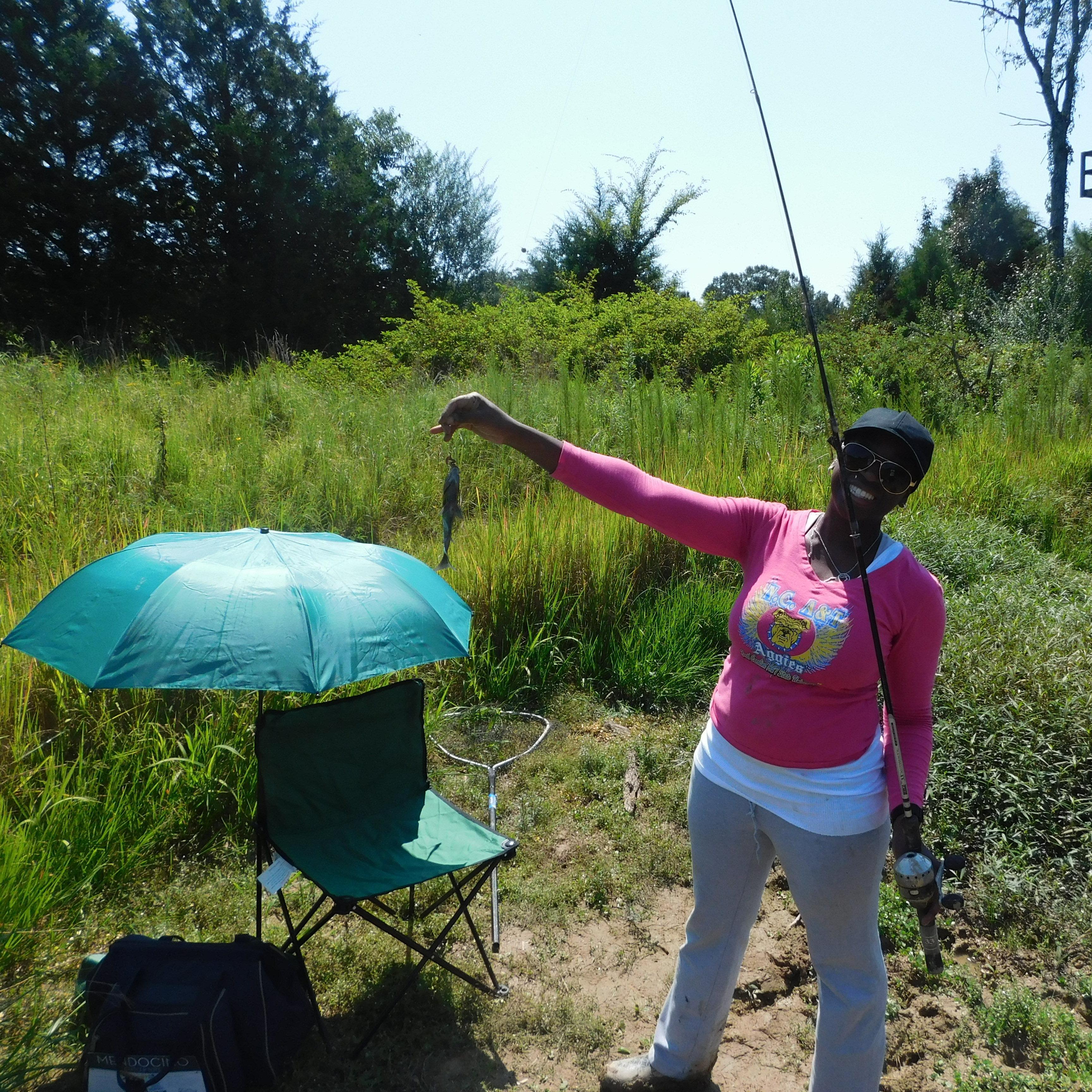 Our first fishing trip. Check out my get up, lol.