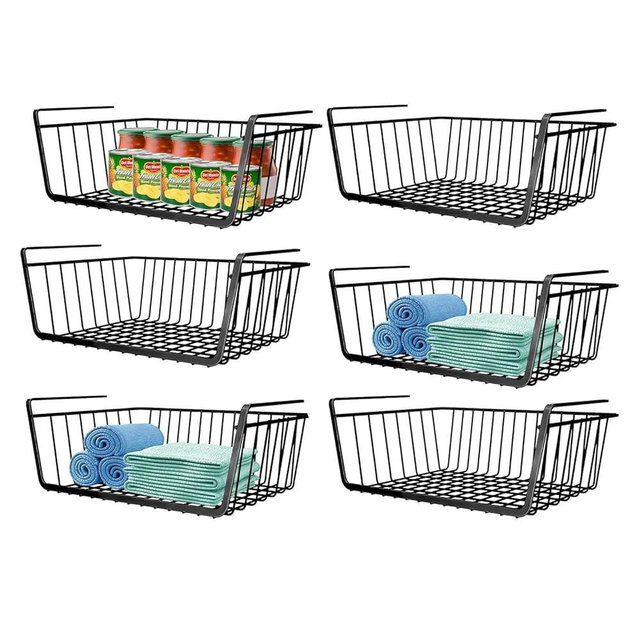 Ankuce 6 PACK Hanging Under Shelf Storage Basket Kitchen Cabinet Organizer Storage, Slides Under Wire Shelves for Counter Pantry Desk Bookshelf, Black