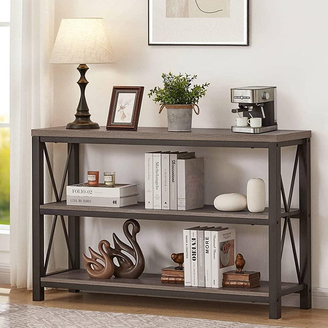 BON AUGURE Rustic Sofa Table Behind Couch, Industrial Console Tables for Entryway, 3 Tier Wood Shelves Entry Table with Storage for Foyer, Hallway, Front Door (47 Inch, Dark Grey Oak)