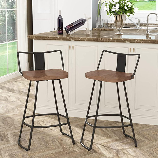 Yongqiang 26" Swivel Bar Stools with Backs Set of 2 Metal Counter Height Stools with Wooden Seat Industrial Bar Chairs Matte Black