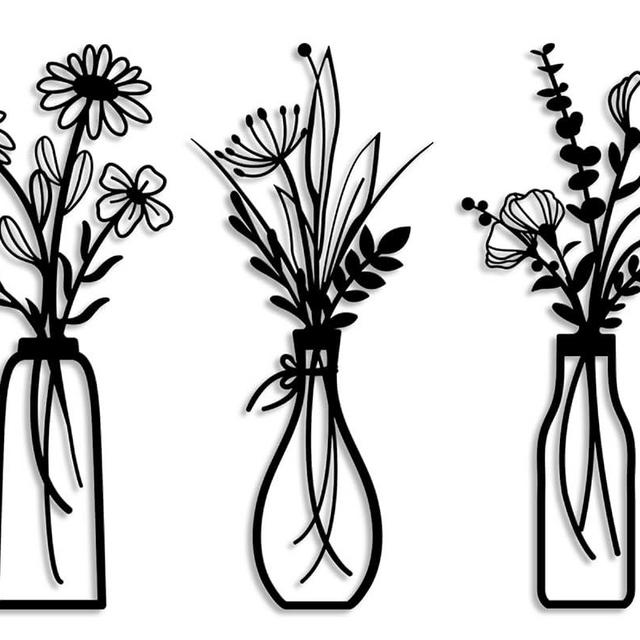 3 Pieces Metal Vase Flowers Wall Arts - Rustic Farmhouse Style Décor Metal Wall Art Black Minimalist Flower Natural Themed Wall Decors for Home Bedroom Dining Room Housewarming (Flower Vase)