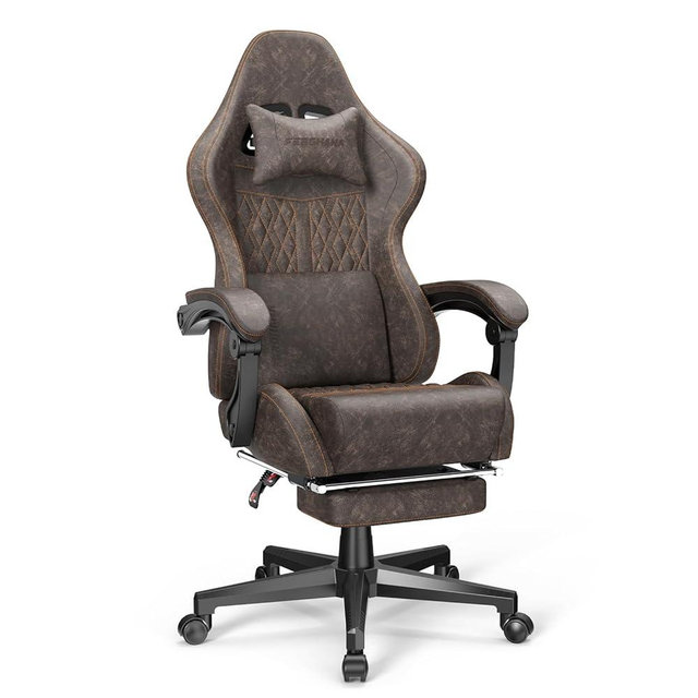 Ferghana Vintage PU Leather Gaming Chair, High Back Gamer Chair with Massage, Ergonomic Computer Office Chair with Footrest for Adults, Racing Style Reclining Video Game Chair Chestnut Brown