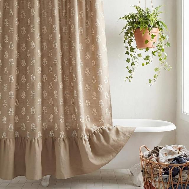 CrystalSylara Brown Floral Ruffle Shower Curtain Cottage Core Vintage Linen Block Print Shower Curtains Decorative Farmhouse Curtain Set for Rustic Farmhouse Frenchy Bathroom Decor, 72wx72h