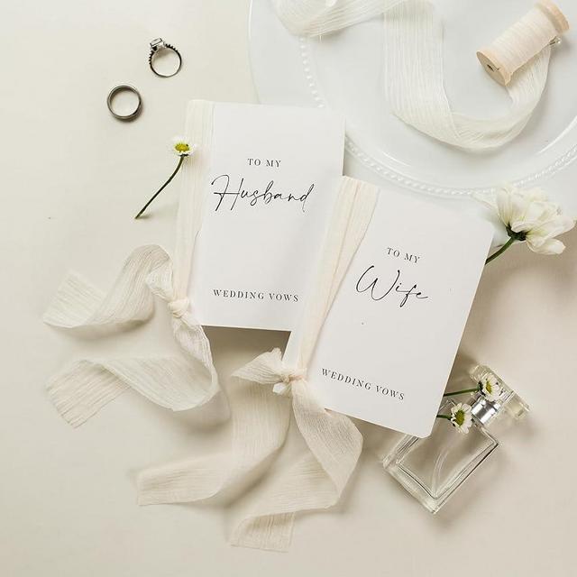 Modern Album Designs White Vow Books with Ribbons (Set of 2) - 5.625 x 4 Minimalist Pocket Sized Wedding Ceremony Vow Renewal Speech Notebook Journal, Gift for Bride & Groom To Be, 48 Lined Pages