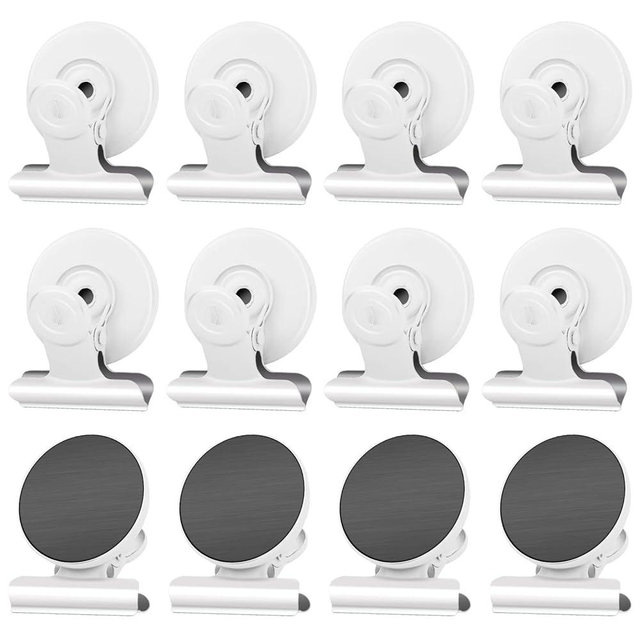 Grtard 12-Pack Magnetic Clips with Anti-Scratch Sticky Pads, Refrigerator & Whiteboard Magnets for Home, Kitchen & Office (White)