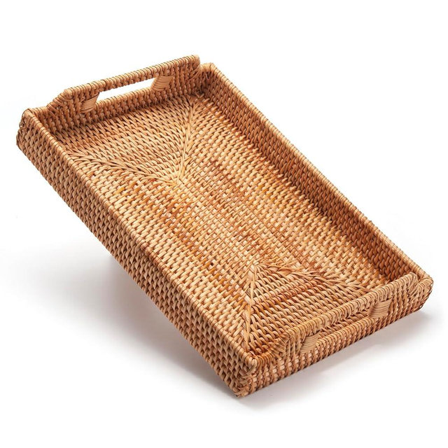 Rattan Serving Tray, Hand Woven Tray with Handles, Rectangular Wicker Basket Tray for Coffee Table Home Decor (17 x 11.4 x 1.8 inch)