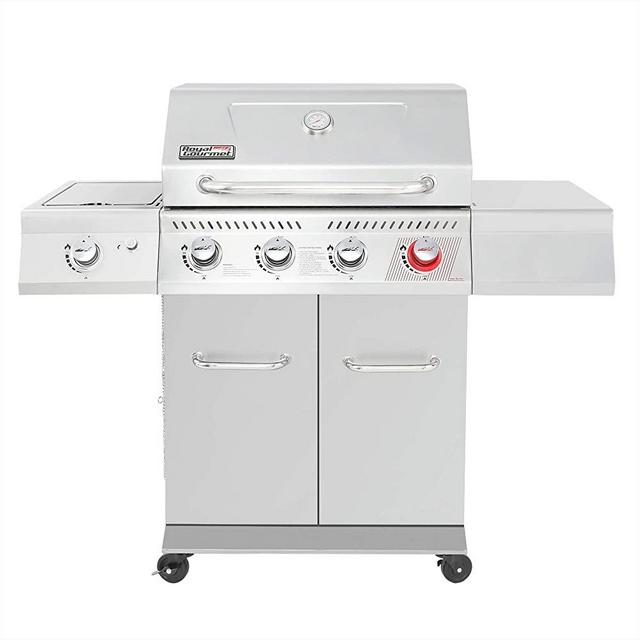 Royal Gourmet GA4402S Stainless Steel 4 BBQ Propane, 54000 BTU Cabinet Style Gas Grill with Sear Side Burner Perfect Patio Garden Picnic Backyard Party, Silver