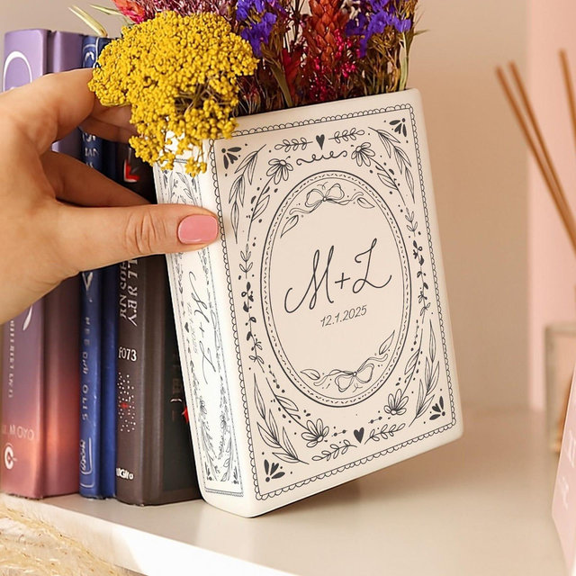 Custom Couple Initials Vase, Personalized Book Vase, Bookshelf Decor, Reading Room Flower Pot, Ceramic Book Flower Vase, Toile De Jouy Decor