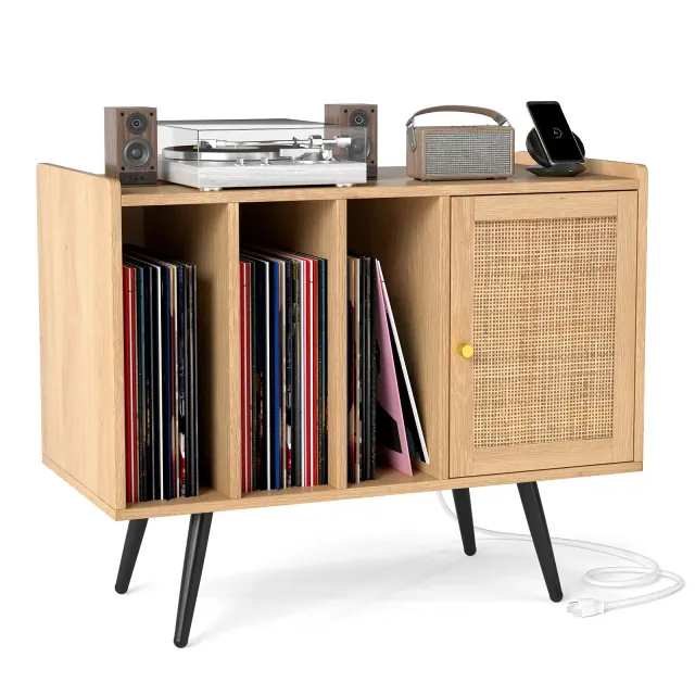 Costway Record Player Stand w/ Charging Station & Rattan Cabinet Adjustable Shelf