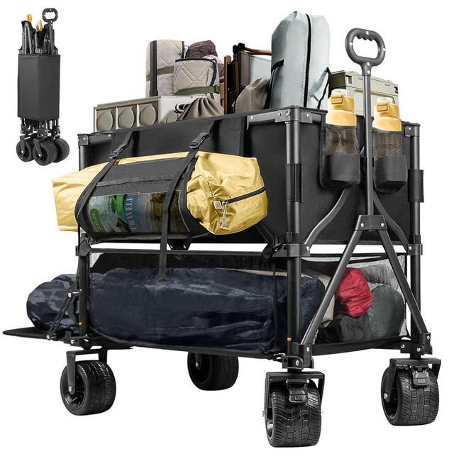 UNITON Double Decker Wagon 600lb Capacity & 400L Collapsible Sports Wagon with Big Wheels 54" Extended Utility Folding Wagon Cart for Camping Fishing & Outdoor Use