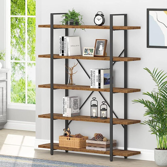 HSH Rustic Bookcases and Book Shelves 5 Shelf, Metal Wood 5 Tier Bookshelf and Storage Book Rack, Vintage Large Book Shelf for Bedroom Living Room Office,Open Vertical Display Etagere Book Case, Brown