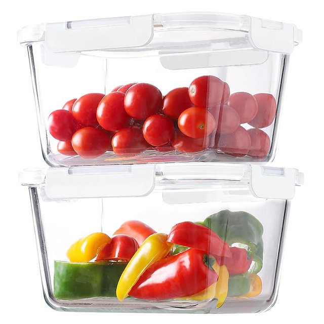 HOMBERKING 4 Pieces 63oz/8cup Large Glass Food Storage Containers with Lids, Meal Prep Containers, Airtight Bento Boxes with Leak Proof Locking (2 Containers 2 Lids), Microwave,Oven,Fridge Safe-White