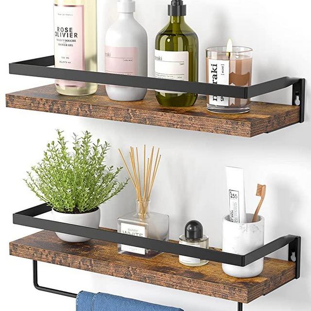 AMADA HOMEFURNISHING Floating Shelves Wall Mounted for Bathroom, Kitchen, Bedroom, Storage Floating Shelf with Towel Bar, Set of 2 Rustic Brown-AMFS01V