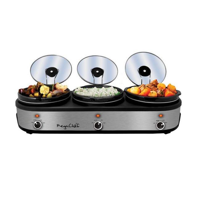 MegaChef Triple 2.5 Quart Slow Cooker and Buffet Server with 3 Ceramic Cooking Pots and Removable Lid Rests