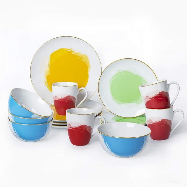 Hoomeet Watercolor 16-Piece Dinnerware Set with Gold Rim, Service for 4.