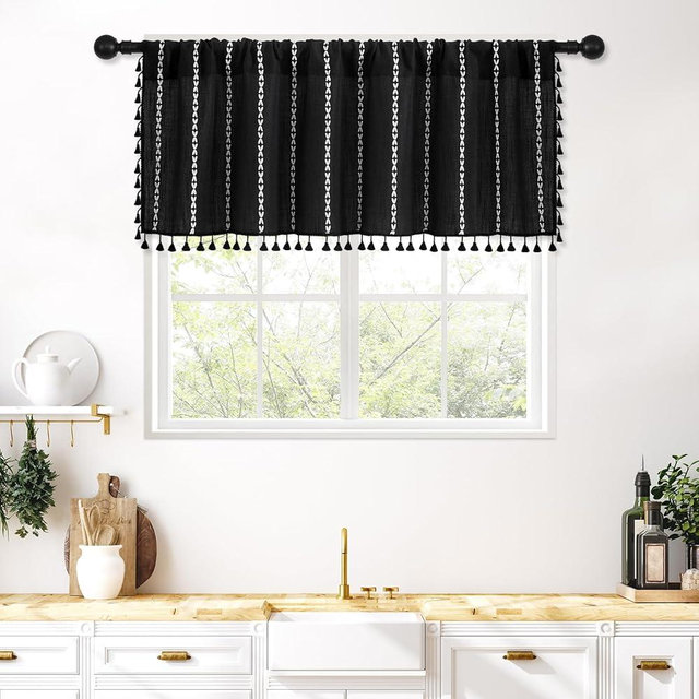 MitoVilla Black White Kitchen Valances for Windows, Boho Farmhouse Valance Curtains for Living Room/Bedroom, French Country Cotton Linen Fabric Topper Window Curtain with Tassel, 52’’W x 18’’L