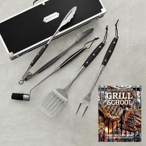 Williams Sonoma Stainless Steel BBQ Tools Set of 4 with WS Grill School Cookbook
