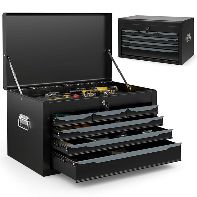 6-Drawer Tool Box, ARNOT 24" Heavy-Duty Steel Tool Chest, Portable Tool Storage Organizer with Auto-Locking Drawers, Top Tool Tray, and Side Handles for Garage, Warehouse, or Workshop Storage (Black)