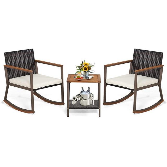 Tangkula 3 Pieces Rocking Bistro Set, Outdoor Rocker Chair with Coffee Table & Cushions, Patio Rattan Furniture Conversation Set for Balcony Porch Poolside (Off White)