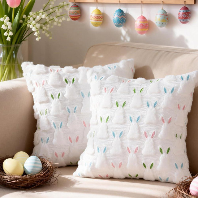 ALFEVA 18" x 18" Pillow Covers Set of 2, Easter Decorations Cute Soft Plush Bunny Throw Pillow, Spring Farmhouse Decorations for Home Sofa Couch Living Room Bedroom