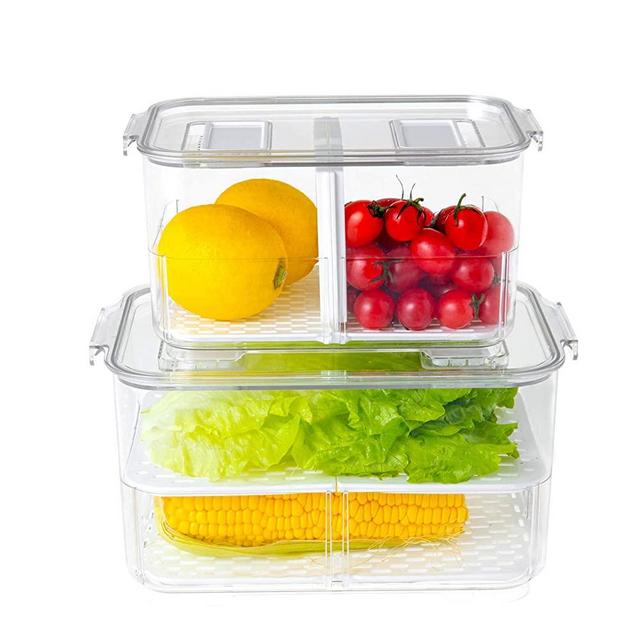 Fridge Produce Saver Food Storage Containers Stackable Refrigerator Organizer with Lids and Removable Drain Tray Drawers Bins Baskets for Kitchen