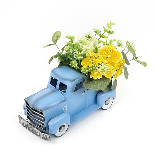 FLOROAD Spring Blue Truck Decor, Vintage Metal Pickup with Artificial Daisy Hydrangea Eucalyptus Farmhouse Tabletop Tiered Tray Decor Home Kitchen Mantel Shelf Spring Summer Small Truck Decorations