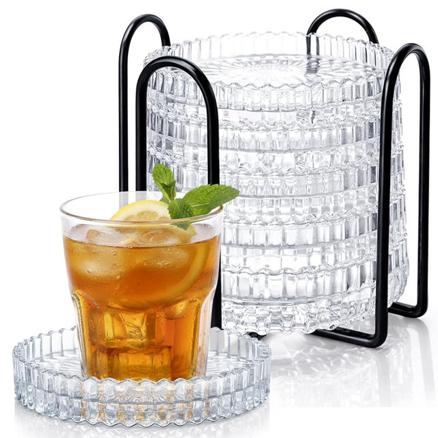 Remerry 6 Pcs Clear Crystal Coaster Set with Holder Glass Coasters for Drinks 4 Inch Drinks Crystal Round Cup Coasters Coffee Table Decor for Office Kitchen Bar Restaurant Patio (Transparent)