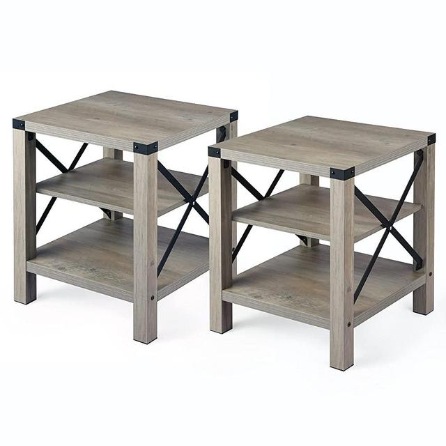 IDEALHOUSE Rustic End Table, Farmhouse Accent Cocktail Table Storage Shelf, Industrial Wood Look Tea Table, Sofa Center Table for Living Room, Side Table with X Metal Frame (2PC)