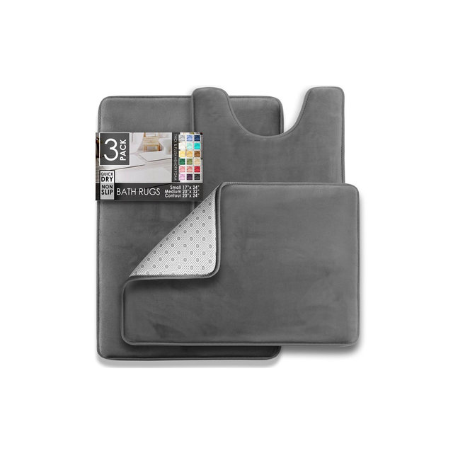Hearth & Harbor 3 Piece Bathroom Rugs Bath Mat Set, Non-Slip Velvet Memory Foam Bath Mats, Dark Gray