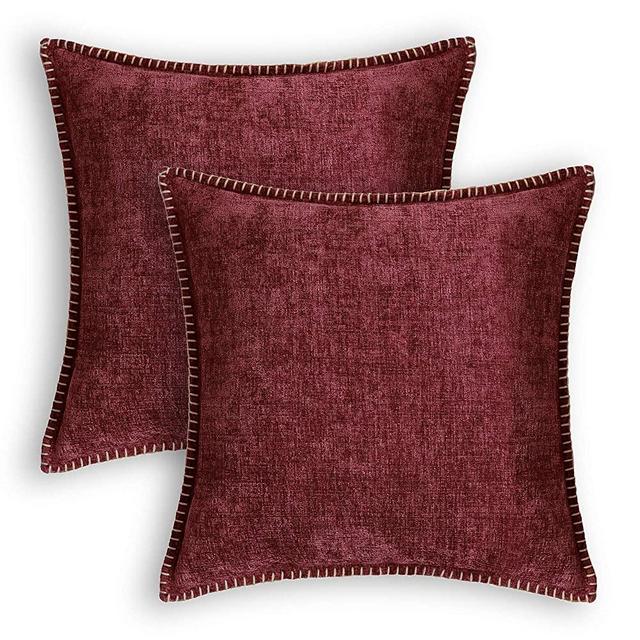CaliTime Throw Pillow Cases Pack of 2 Cotton Thread Stitching Edges Solid Dyed Soft Chenille Cushion Covers for Couch Sofa Home Farmhouse Decoration 18 X 18 Inches Burgundy