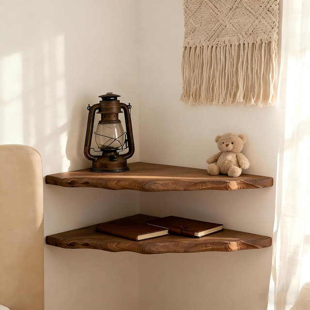 NWSTESLE Reclaimed Camphor Wood Floating Corner Shelves Set of 2,10 x 10In Solid Wood, Unique Grain, Small Space Solution for Bedroom/Living Room/Study (Boho & Farmhouse Décor)