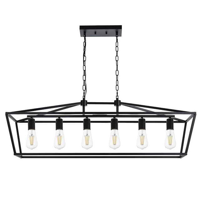 MELUXEM 6 Light Farmhouse Kitchen Island Lighting Matte Black Rectangle Chandelier Metal Cage Ceiling Hanging Light Fixture for Bedroom Dining Room Kitchen Bar