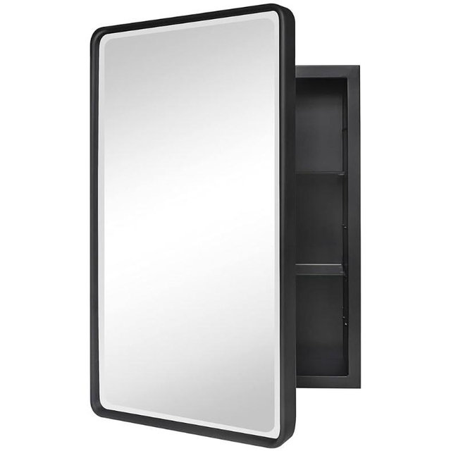 TEHOME Farmhouse Black Metal Framed Recessed Bathroom Medicine Cabinet with Beveled Mirror Rounded Rectangle Bathroom Medicine Cabinet 16x24 inch