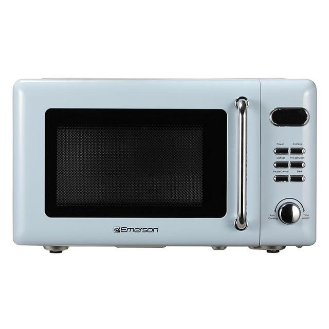 Emerson MWR7020BL Retro Compact Countertop Microwave Oven with Button Control, LED Display, 700W 5 Power Levels, 8 Auto Menus, Glass Turntable and Child Safe Lock, 0.7, Thunderbird Blue