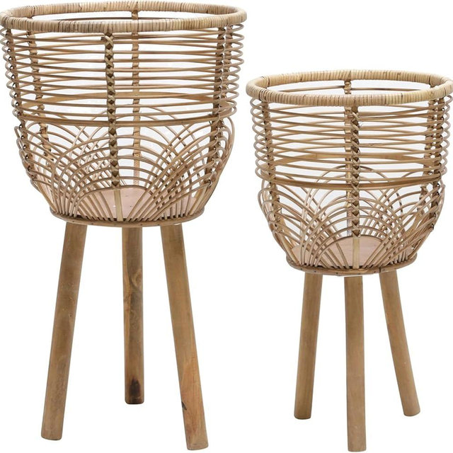 Set of 2 Rattan Planters with Wooden Stands – Boho Home Decor Woven Plant Pots with Natural Rustic Style – Indoor & Outdoor Floor Planters for Living Room, Bedroom, or Garden – 18" & 22", Brown