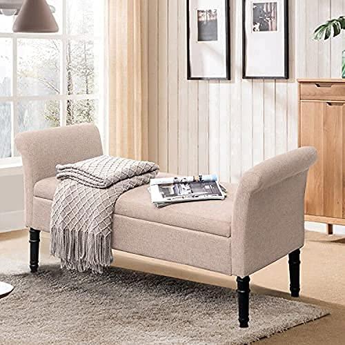 Modern Fabric Storage Bench with Arms Button Tufted Footstool Ottoman Bench for Living Room Bedroom (Tan)