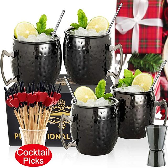 Moscow Mule Copper Mugs- Set of 4 Copper Plated Stainless Steel Mug 18oz, for Chilled Drinks… (black)