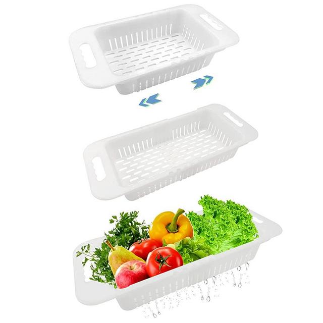 MineSign 3 Pack Extendable Over the Sink Colander Fruits and Vegetables Drain Basket Adjustable Strainer Sink Washing Basket for Kitchen White