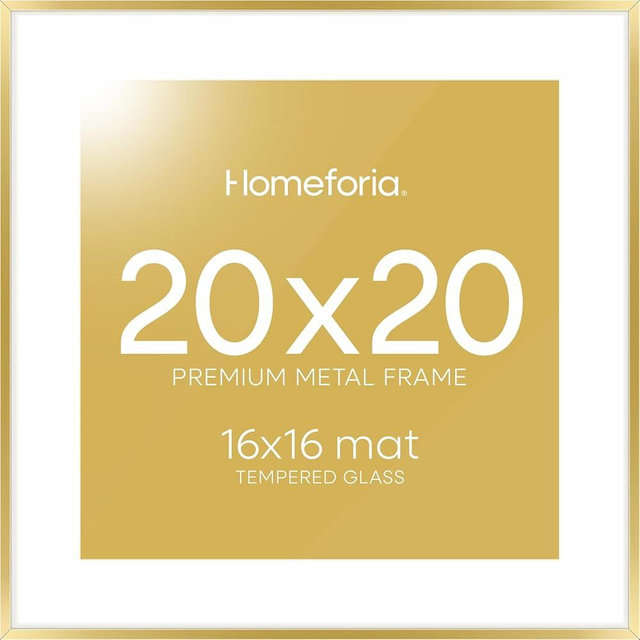 Homeforia 20x20 Gold Frame Matted to 16x16 - Metal 20 x 20 Picture Frames For Wall - Aluminum 20 by 20 Poster Frame - Tempered Glass - Wall Hook Included - Set of 1