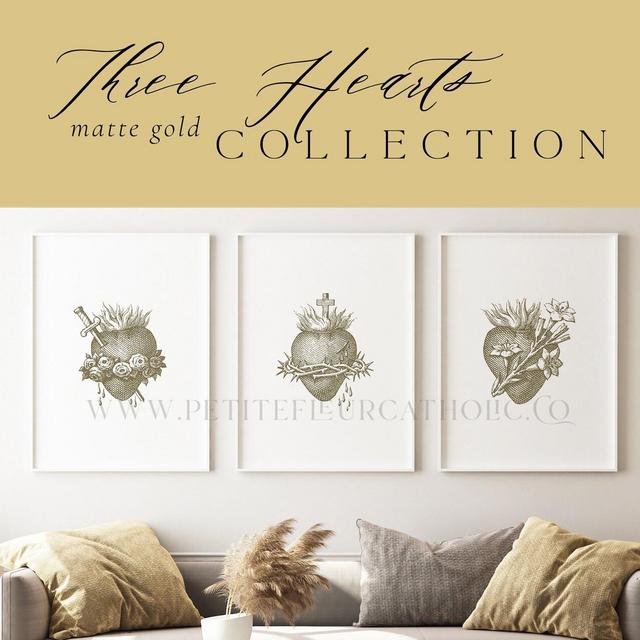 Gold Three Hearts Printable Wall Art Collection - Catholic Home Decor - JMJ Jesus Mary Joseph - Three Large Digital Downloads (Up to 16x20)