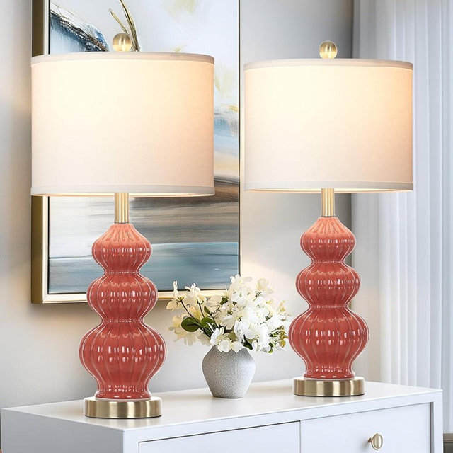 26" Triple Gourd Ceramic Table Lamps Set of 2,Modern Orange Bedside Lamps USB A+C Ports & AC Outlet -Ceramic Nightstand Lamps for Bedroom, 3 Way Touch Control Contemporary Living Room End Tables