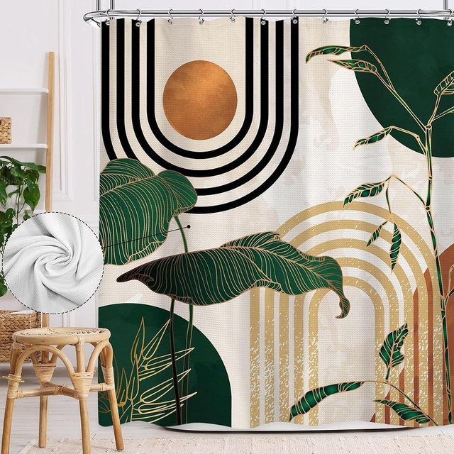 Glawry Abstract Mid Century Waffle Shower Curtain Green Boho Tropical Palm Tree Sun Arch Bathroom Modern Minimalist Aesthetic 72Wx72L Inches Bath Accessories Art Home Decor Fabric 12 Pack Hooks