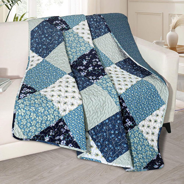 Exclusivo Mezcla Microfiber Boho Patchwork Pattern Quilted Throw Blanket for Bed/Couch/Sofa, Reversible Summer Versatile Lap Quilt Throws Soft and Lightweight (50"x 60", Blue)