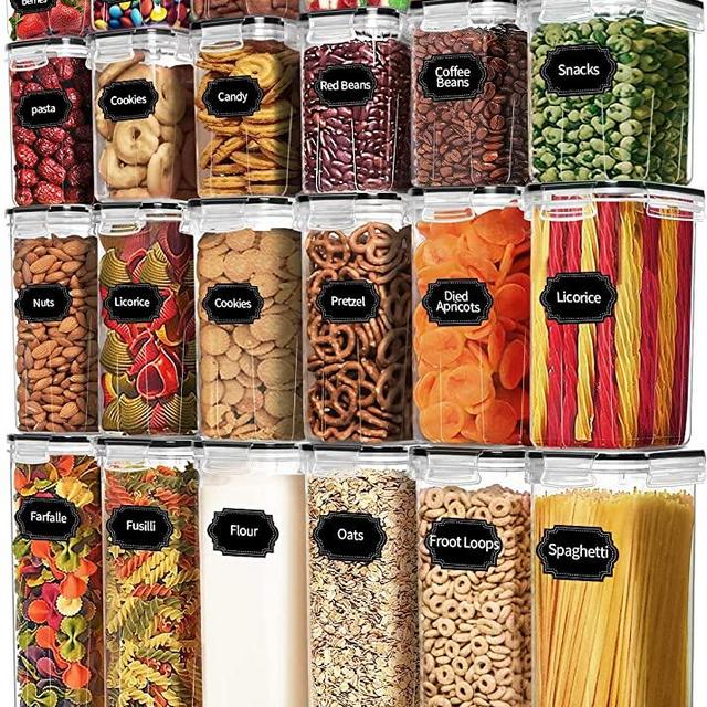 Skroam 24 Pack Airtight Food Storage Containers with Lids for Kitchen Pantry Organization and storage, BPA Free, Plastic Canister Set for Cereal, Pasta, Flour & Sugar - Spoon Set, Labels & Marker.