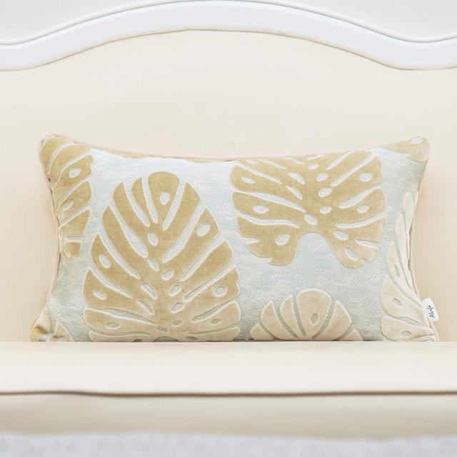 Alerfa 12 x 20 Inch Rectangle Leaf Pillow Embroidery Cut Velvet Cushion Case Luxury Modern Lumbar Throw Pillow Cover Decorative Pillow for Couch Sofa Living Room Bedroom Car, Beige