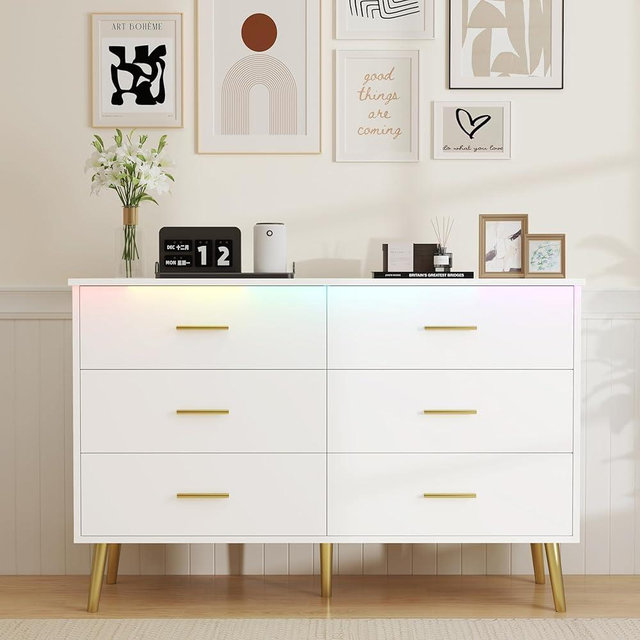 White Dresser for Bedroom, Dressers & Chests of Drawers for Clothes Storage, Wood Dresser for Closet with 6 Drawers, Wide Long Clothes Organizer with LED Light for Hallway, Entryway, Metal Handles