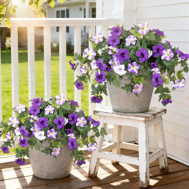 Ammyoo 4 Pcs Artificial Fake Petunia Flowers for Outdoor Decoration, Faux Silk Petunias Flower for Spring UV Resistant No Fade Realistic Plants for Garden Balcony Yard Porch Indoor Decor(Purple White)