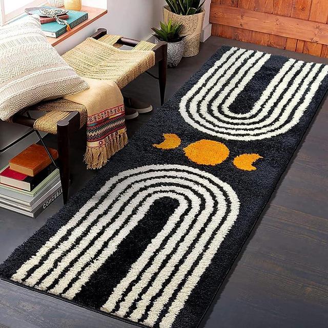 ARTCREATOR Boho Bathroom Runner Rug 20"x60" Long Abstract Bath Mat for Bathroom Soft Plush Fluffy Bath Rugs Boho Bathroom Decor Black Washable Non Slip Runner Rug for Bedroom/Hallway